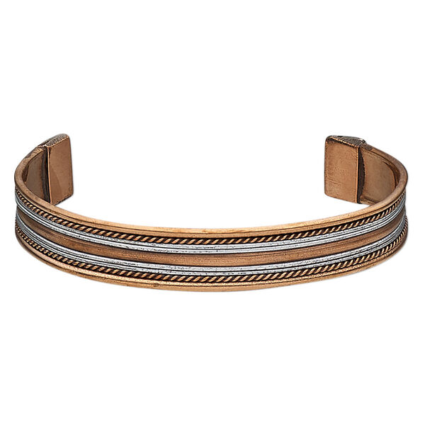 Bracelet, cuff, antiqued copper and aluminum, 11mm wide with twisted wire design, 8 inches. Sold individually. image number 0