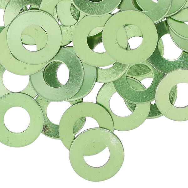 Washer, anodized aluminum, green, 13mm double-sided flat round blank with 6mm hole, 20 gauge. Sold per pkg of 100. image number 0
