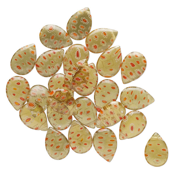 Bead, millefiori glass, translucent yellow-green / white / red-orange, 18x13mm-19x14mm top-drilled puffed teardrop. Sold per pkg of 25. image number 0