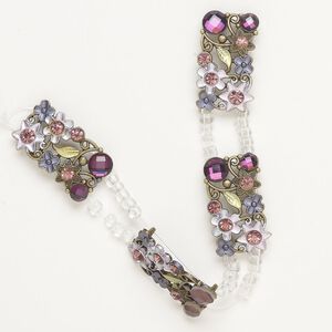 Bead, spacer, "pewter" (zinc-based alloy)/glass/ enamel, pkg/4, antique gold finish/opaque purples/green, 31x18mm-32x18mm rectangle.