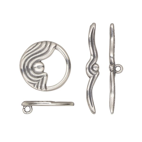 Clasp, JBB Findings, toggle, antiqued sterling silver, 15mm round with waves. Sold individually. image number 0