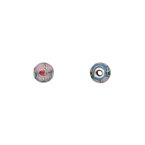 Bead, cloisonn&eacute;, enamel and gold-finished copper, blue / pink / red, 6mm round with flower design. Sold per pkg of 10. image number 0