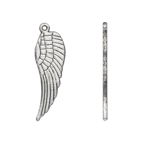Charm, antique silver-plated "pewter" (zinc-based alloy), 28x9mm double-sided wing. Sold per pkg of 10. image number 0