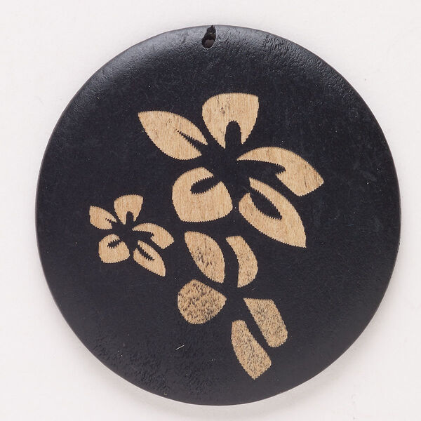 Focal, wood (natural / dyed), black and tan, 58-60mm top-drilled carved round with flower. Sold individually. image number 0