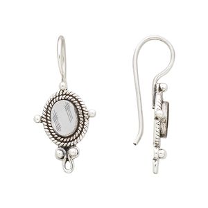 Ear wire 1pkg2 sterling silver, 30mm / 15.5x13mm beaded rim / 7x5mm oval bezel cab setting, antiqued 1 pair