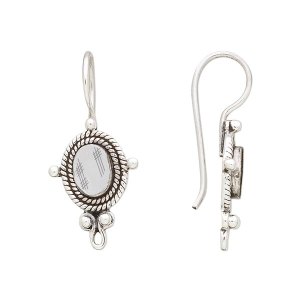 Ear wire 1pkg2 sterling silver, 30mm / 15.5x13mm beaded rim / 7x5mm oval bezel cab setting, antiqued 1 pair image number 0