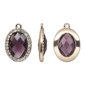 Drop, glass / glass rhinestone / gold-finished "pewter" (zinc-based alloy), clear and transparent amethyst purple, 23.5x19mm single-sided oval. Sold per pkg of 2.