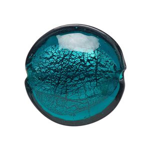 Bead, lampworked glass, opaque teal with silver-colored foil, 29mm puffed flat round. Sold individually.