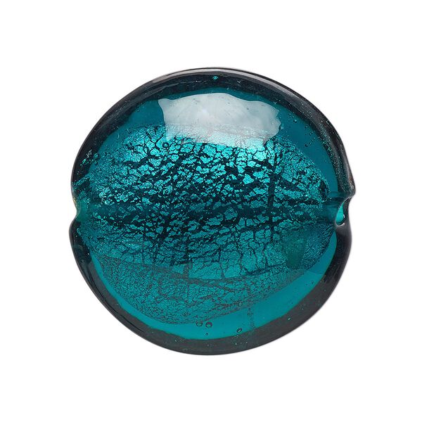 Bead, lampworked glass, opaque teal with silver-colored foil, 29mm puffed flat round. Sold individually. image number 0
