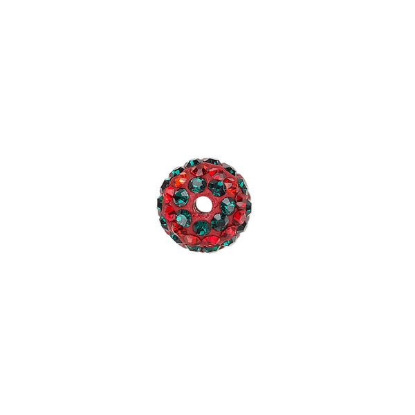 Bead, Egyptian glass rhinestone / epoxy / resin, red and dark green, 10mm round with pav&eacute; striped design. Sold individually. image number 1