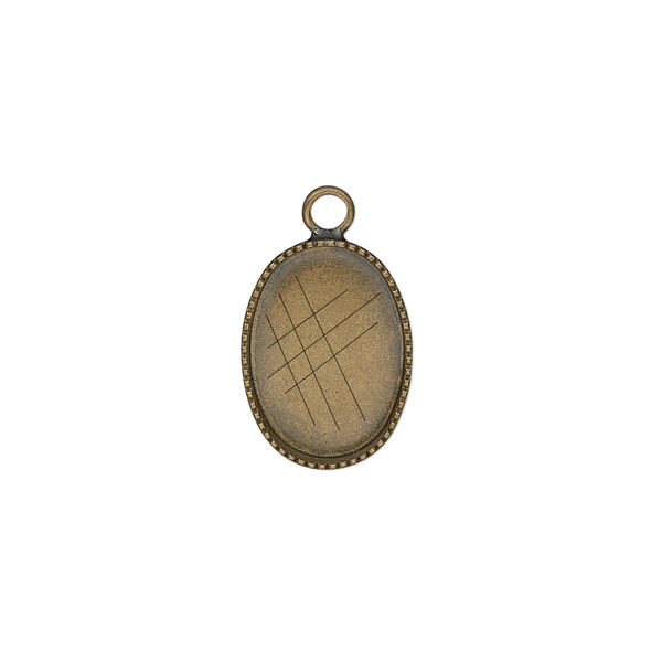 Drop, antiqued brass, 15x11mm oval with beaded edge and 14x10mm oval bezel cup setting. Sold per pkg of 6. image number 0