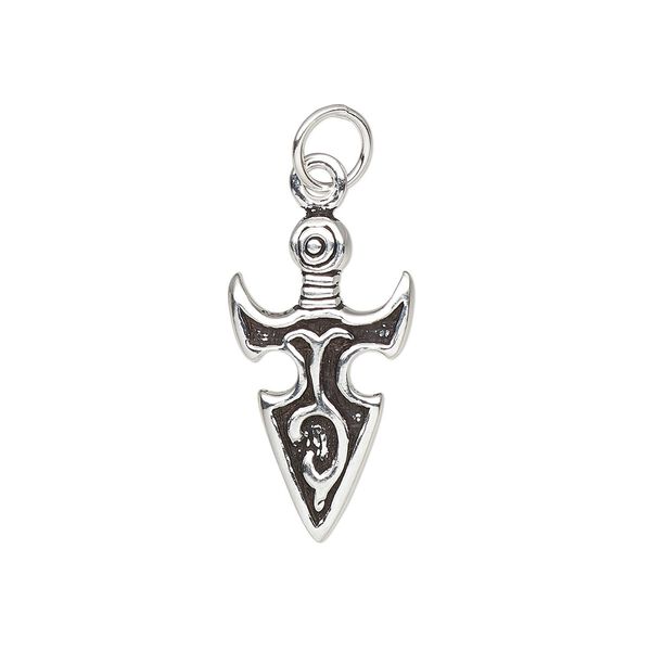 Charm, antiqued sterling silver, 19x11mm double-sided arrowhead with tribal design and 5mm soldered jump ring. Sold individually. image number 0