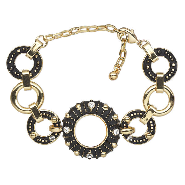 Bracelet, freshwater pearl shell (bleached) / glass rhinestone / epoxy / gold-finished "pewter" (zinc-based alloy), black / white / clear, 32mm puffed flat round, 7 inches with lobster claw clasp and 3-inch extender chain. Sold individually. image number 0