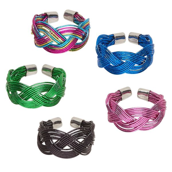 Ring, steel, assorted colors, braided design, 9mm wide, adjustable. Sold per pkg of 5. image number 0
