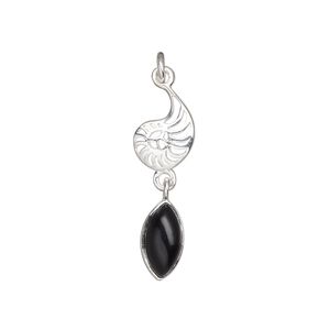 Black onyx / sterling silver 1pkg1, antiqued nautilus drop 26x8mm