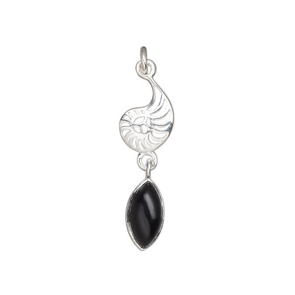 Black onyx / sterling silver 1pkg1, antiqued nautilus drop 26x8mm image number 0