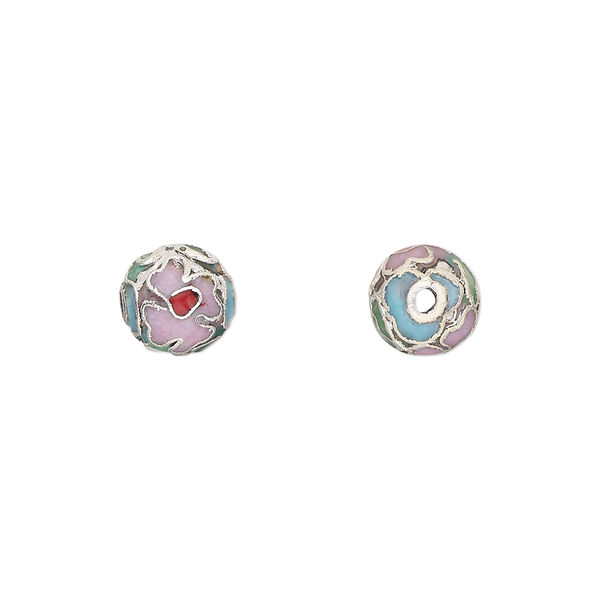Bead, cloisonné, enamel and silver-plated copper, multicolored, 8mm round. Sold per pkg of 10. image number 0