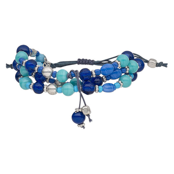 Bracelet, 3-strand, waxed cotton cord / glass / silver-coated acrylic / silver-plated steel, multicolored, 28mm wide, adjustable from 5-1/2 to 9 inches with macramé knot closure. Sold individually. image number 0