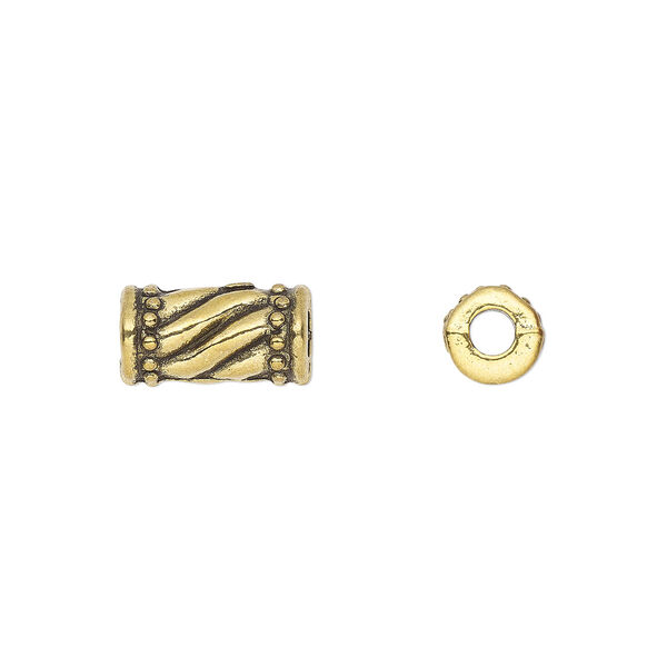 Bead, antique gold-finished "pewter" (zinc-based alloy), 10.5 x 5.5mm round tube with beaded twisted design. Sold per pkg of 20. image number 0