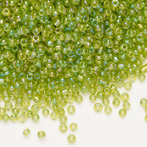 Seed bead, Ming Tree™, glass, pkg/1 pound, #11 round, transparent rainbow lime green. image number 0