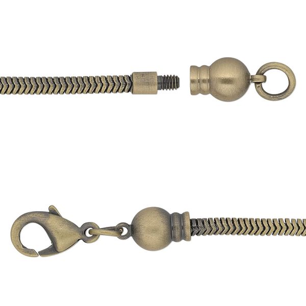 Dione® Easy-On Chain, antique gold-plated brass, 2.6mm snake, 18 inches with 3.3mm threaded ball end and lobster claw clasp. Sold individually. image number 0