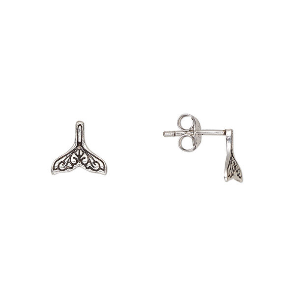 Earstud, Create Compliments®, antiqued sterling silver, 8.5x8mm whale tail. Sold per pair. image number 0