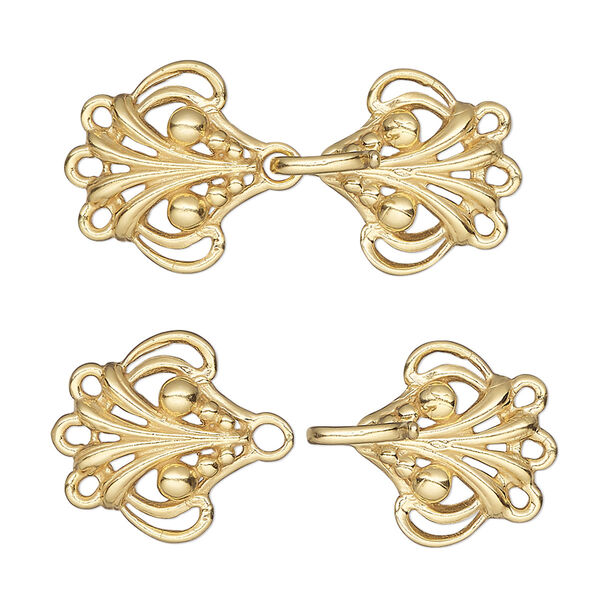 Clasp, JBB Findings, 3-strand hook-and-eye, "vermeil," 30x16mm with baroque design. Sold individually. image number 0