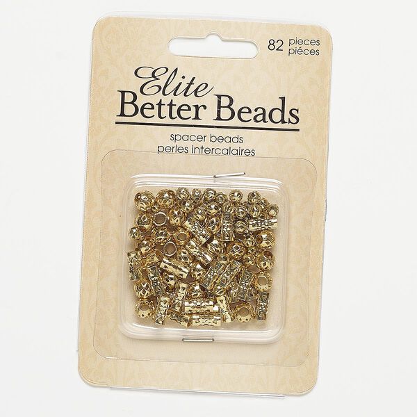 Bead mix, gold-finished steel, 4mm cutout round / 6mm cutout round with 2.5mm hole / 8x4mm cutout round tube with 3mm hole. Sold per pkg of 82. image number 0