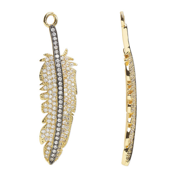 Focal, cubic zirconia / gold- / black-finished brass, clear, 45x13mm single-sided feather. Sold individually. image number 0