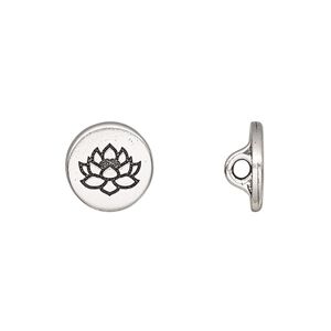 Button, TierraCast®, antique silver-plated pewter (tin-based alloy), 12mm flat round with lotus and loop. Sold per pkg of 20.