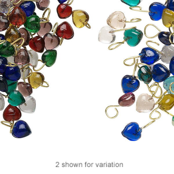 Drop mix, glass and brass, mixed colors, 4mm heart. Sold per pkg of 100. image number 0
