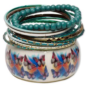 Bracelet, bangle and stretch, resin / enamel / painted wood / gold-finished steel / aluminum / brass, assorted colors with glitter, 2.5-37mm wide, 7-8 inches. Sold per 12-piece set.
