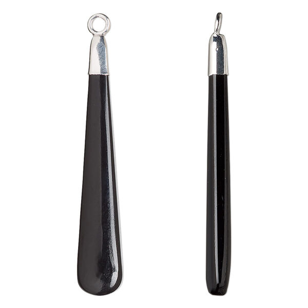 Focal, sterling silver and black onyx (dyed), 41x7mm hand-cut double-sided long teardrop, Mohs hardness 6-1/2 to 7. Sold individually. image number 0