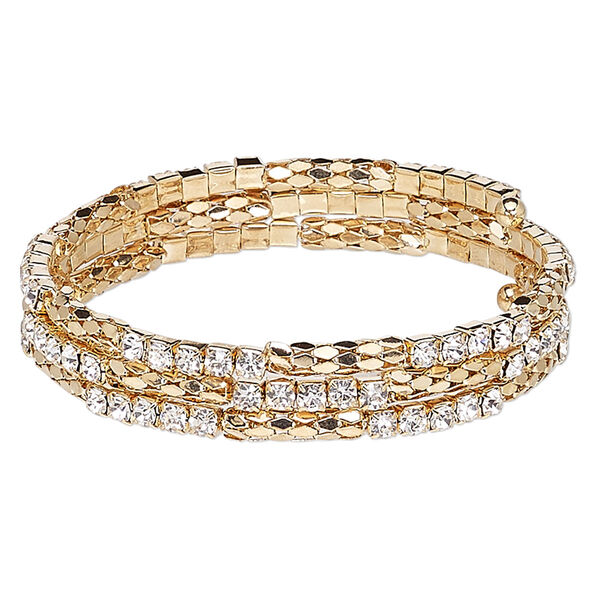 Bracelet, glass rhinestone with steel memory wire and gold-finished steel, clear, 12mm wide with cupchain and rounded diamond, adjustable from 7-1/2 to 8-1/2 inches. Sold individually. image number 0