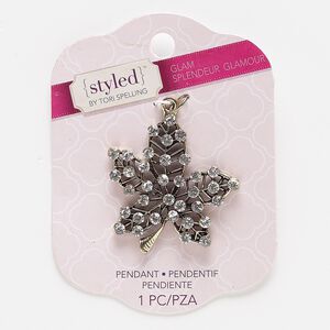 Focal, glass rhinestone with antiqued gold-finished steel and "pewter" (zinc-based alloy), clear, 46x44mm leaf. Sold individually.