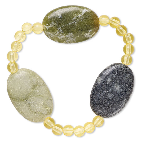 Bracelet, stretch, multi-serpentine (natural) and acrylic, yellow, 5mm round and 29x20mm-30x20mm flat oval, 6-1/2 inches. Sold individually. image number 0