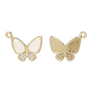 Charm 1pkg2 brass / mother-of-pearl shell / glass rhinestone, 15x12mm butterfly, bleached gold finish / white / clear
