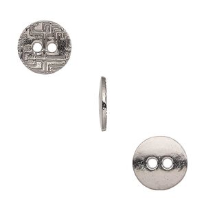 Button, gunmetal-finished "pewter" (zinc-based alloy), 12mm single-sided flat round with geometric design. Sold per pkg of 50.