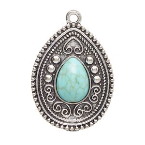 Focal, antique silver-finished "pewter" (zinc-based alloy) and "turquoise" (resin) (imitation), turquoise blue, 33x25.5mm single-sided teardrop. Sold per pkg of 2.