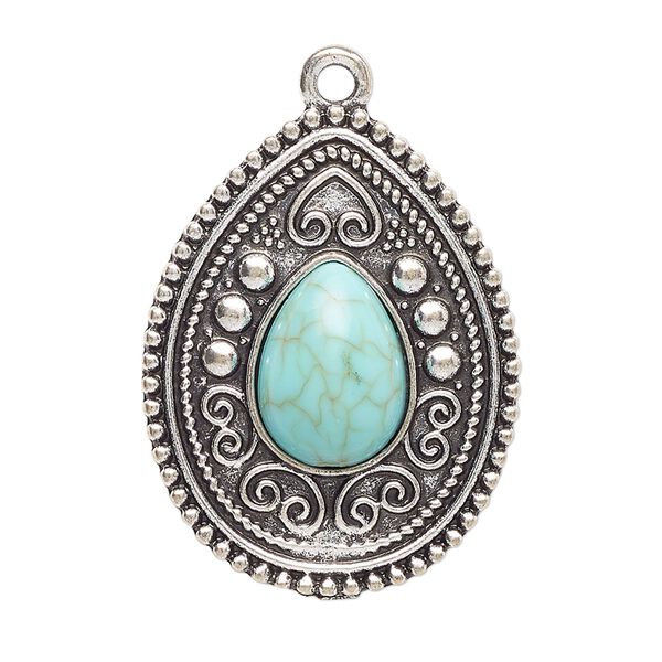 Focal, antique silver-finished "pewter" (zinc-based alloy) and "turquoise" (resin) (imitation), turquoise blue, 33x25.5mm single-sided teardrop. Sold per pkg of 2. image number 0