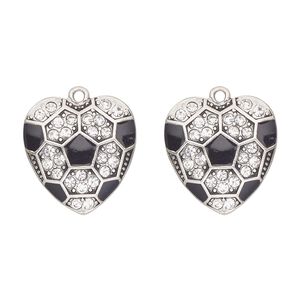 Charm, antique silver-finished "pewter" (zinc-based alloy) and glass, clear and black, 23x22mm single-sided heart with "soccer ball pattern". Sold per pkg of 2.