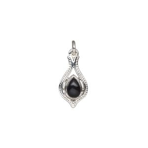 Black onyx / sterling silver 1pkg1, antiqued open beaded teardrop drop 15x9mm