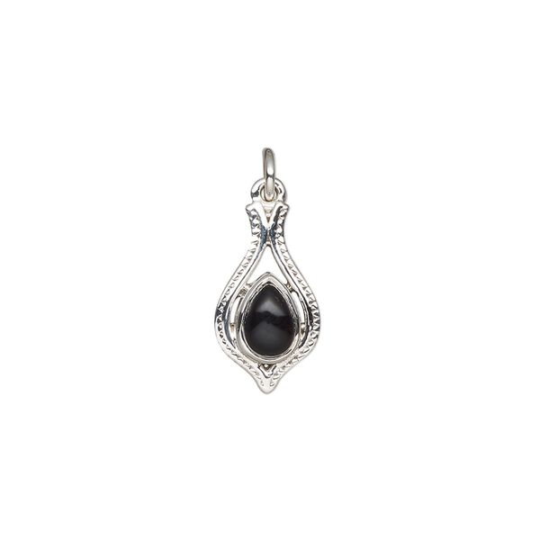 Black onyx / sterling silver 1pkg1, antiqued open beaded teardrop drop 15x9mm image number 0