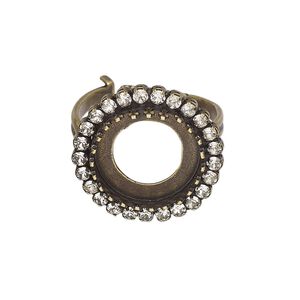 Ring, JBB Findings and crystals, antique brass-plated brass, crystal clear, 21mm wide with 14mm rivoli bezel setting, adjustable from size 5-8. Sold individually.