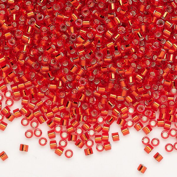 Seed bead, Delica®, glass, pkg/50g, #10 round, transparent silver-lined flame red (DBM-0043). image number 0