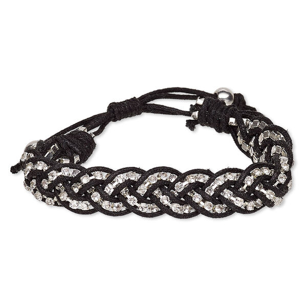 Bracelet, waxed cotton cord / glass rhinestone / silver-finished brass, black and clear, 13mm wide with cupchain, adjustable from 6-1/2 to 9 inches with wrapped knot closure. Sold individually. image number 0