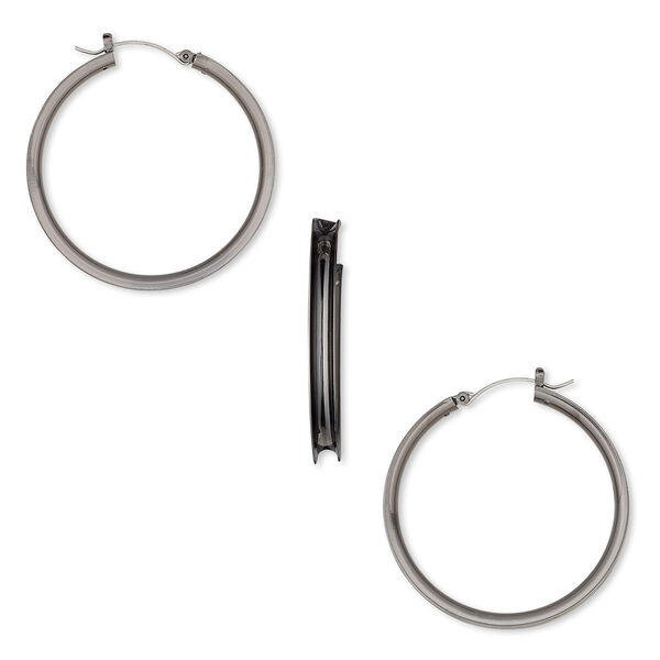 Earring, steel and gunmetal-finished "pewter" (zinc-based alloy), 48mm round hoop with 4mm wide channel. Sold per pair. image number 0