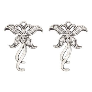 Charm, antique silver-finished "pewter" (zinc-based alloy) and glass, clear, 30x25mm single-sided butterfly. Sold per pkg of 2.
