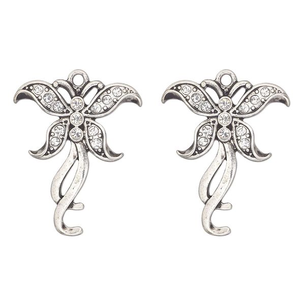 Charm, antique silver-finished "pewter" (zinc-based alloy) and glass, clear, 30x25mm single-sided butterfly. Sold per pkg of 2. image number 0