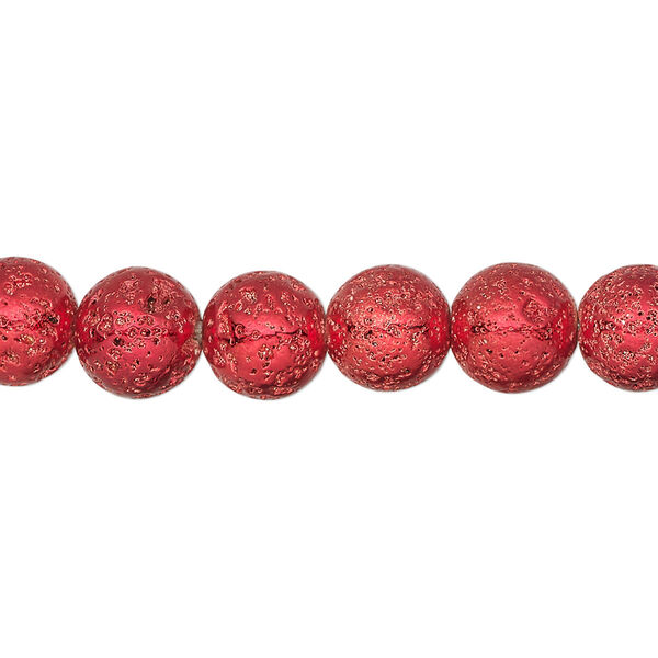 Bead, electro-coated lava rock (coated), red, 7-8mm round. Sold per 15-1/2" to 16" strand. image number 0